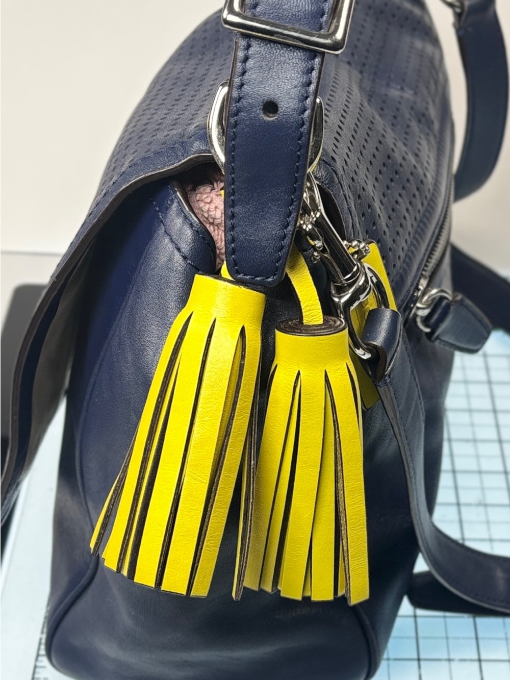 Coach Navy Perforated Crossbody Bag with Yellow tassel Accent. Tan interior. EUC - Picture 4 of 8
